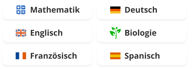 Abbildung von den Schulfächern Mathe, Deutsch, Englisch, Biologie, Französisch und Spanisch