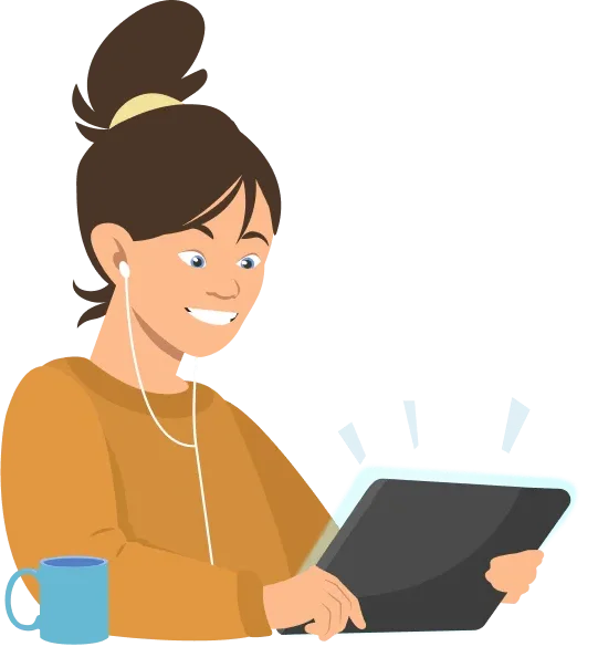 Das Mädchen Lucy mit Tablet in der Hand und Kopfhörern auf den Ohren