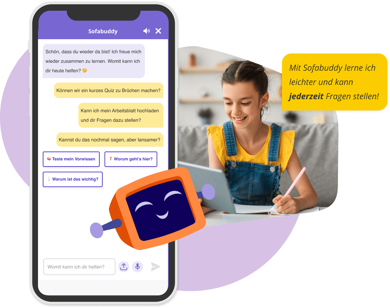 Beispiel vom Sofabuddy Chatbot auf dem Handy und eine Schülerin am Tablet