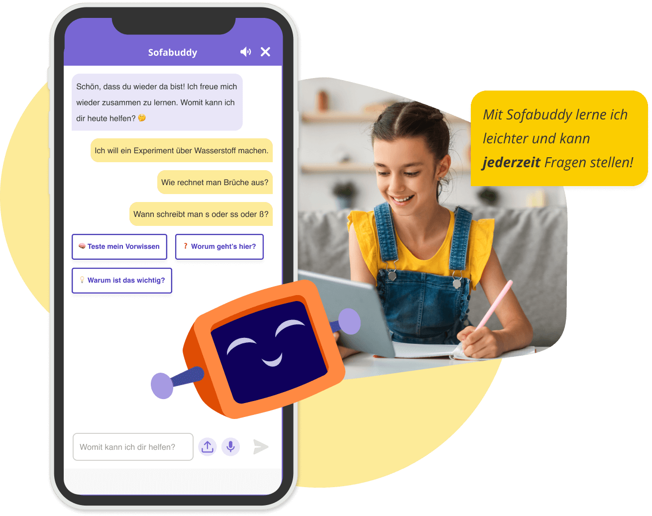 Beispiel vom Sofabuddy Chatbot auf dem Handy und eine Schülerin am Tablet