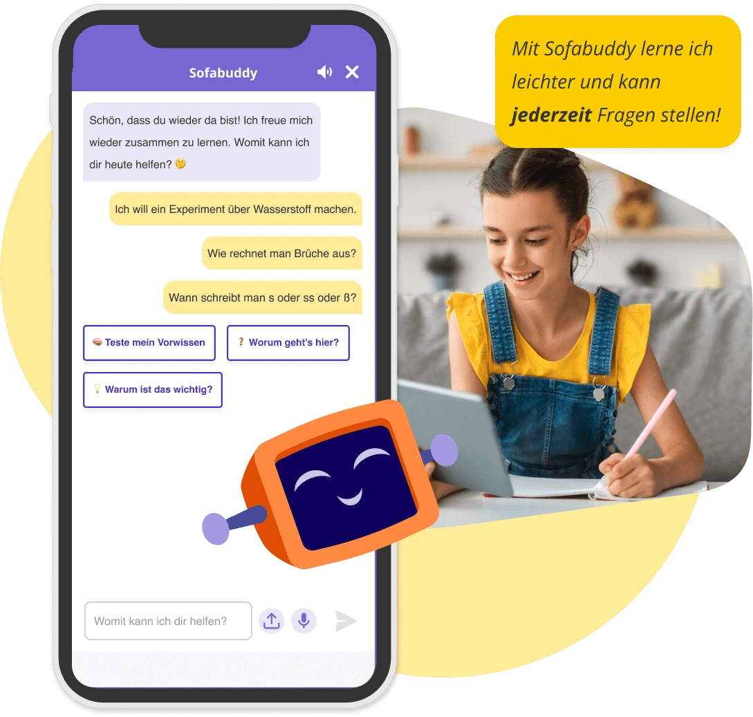 Beispiel vom Sofabuddy Chatbot auf dem Handy und eine Schülerin am Tablet